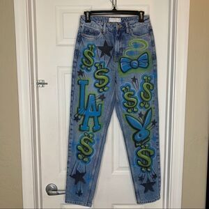 Topshop Mom Graffiti Print High Waisted Jeans Mickey Mouse, Playboy, LA